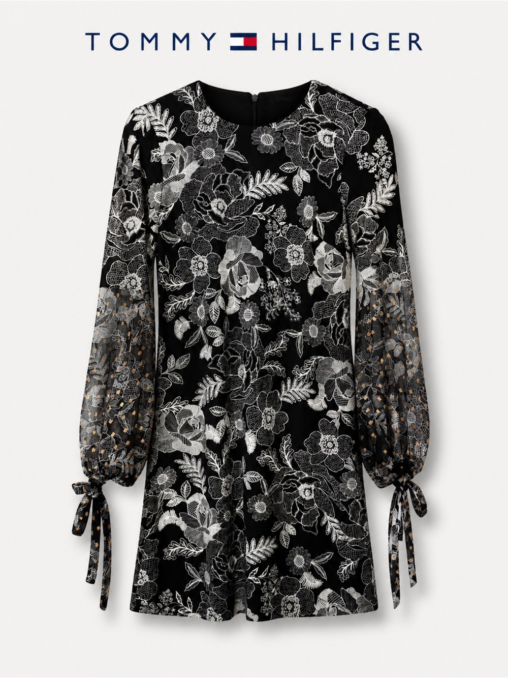 Tommy Hilfiger Black Floral Dress Sheer Sleeve Quiet Luxury Chic